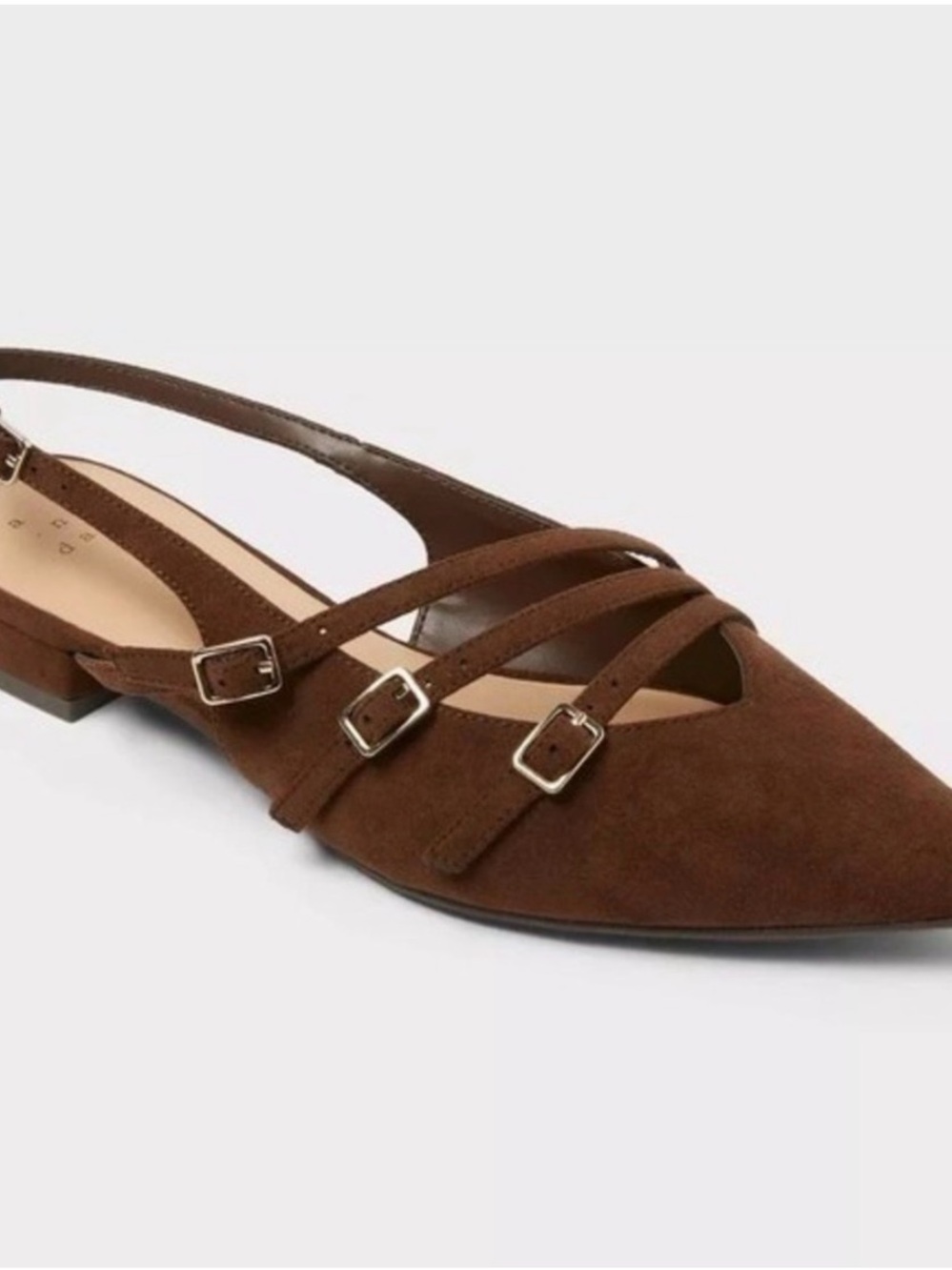 a new day Brown Suede Pointed Slingback Flats with Triple Buckle Straps